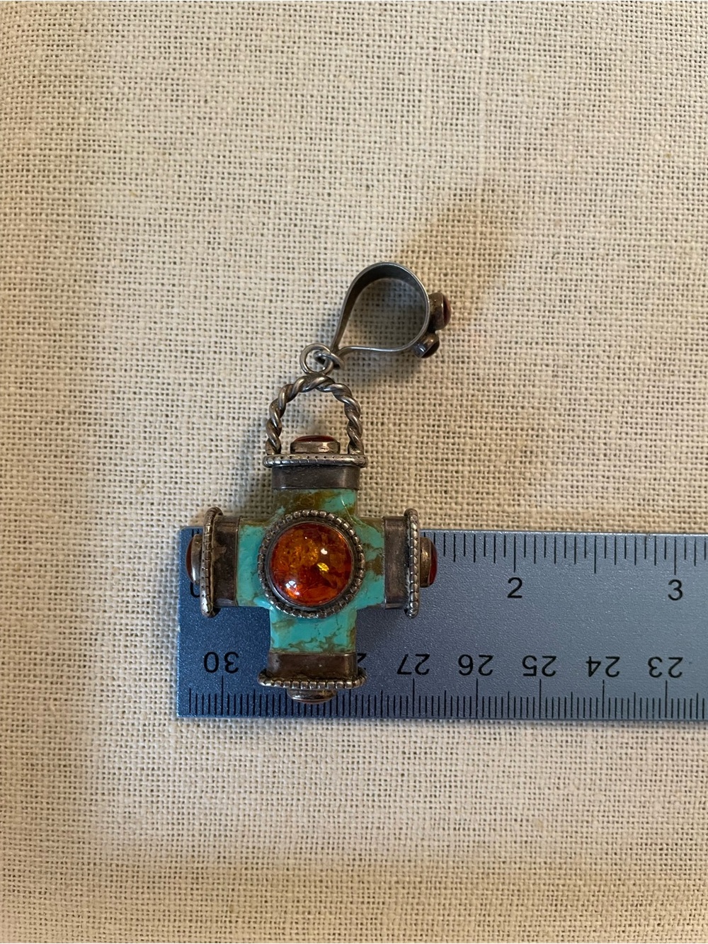 LARGE Reversible Sterling Silver, Turquoise, and Amber Cross Pendant - Picture 10 of 12